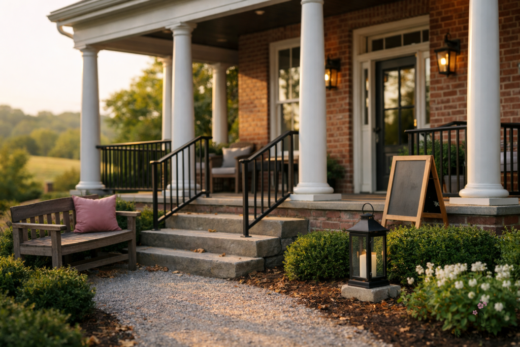 Exterior of a boutique med spa in Thompson’s Station with red brick, white columns and warm morning light — welcoming setting for laser hair removal services